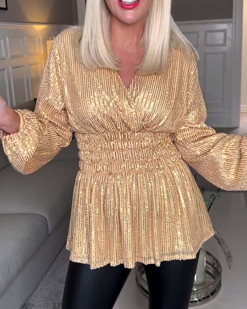 Blouse Unie À Col V Et Taille Cintrée