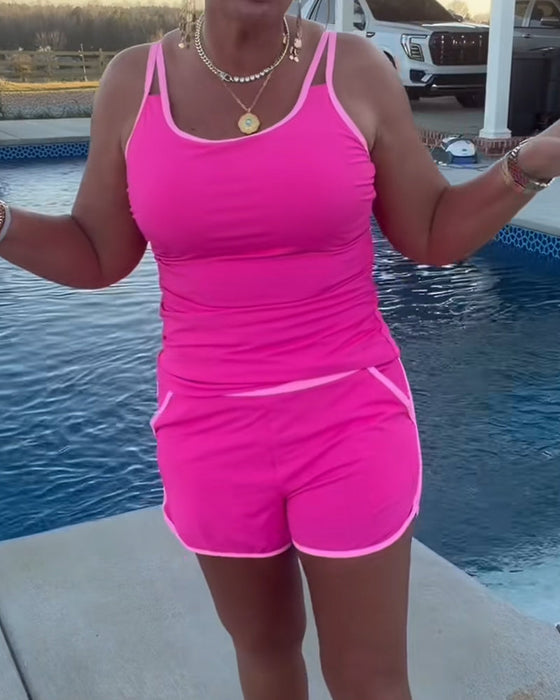 Tankini Avec Contraste De Couleur Passepoil Appliqué