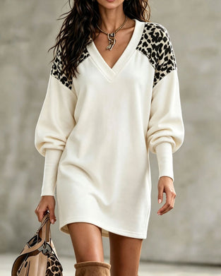 Robe Col En V Imprimé Léopard Manche Lanterne Pull