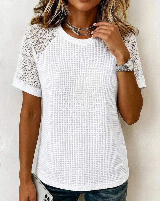 T-Shirts Col Rond Gaufrette Dentelle Patchwork