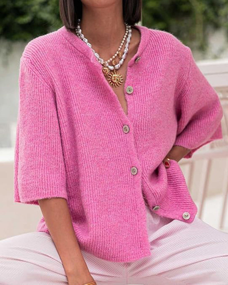 Pull Cardigan Unie Boutonnage Devant Manches Courtes