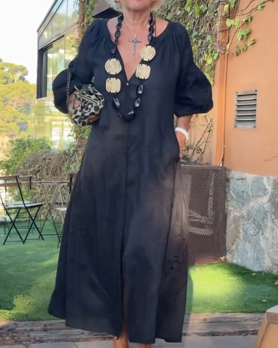 Robe Col V Poche Jupe Ample Lâche Unie