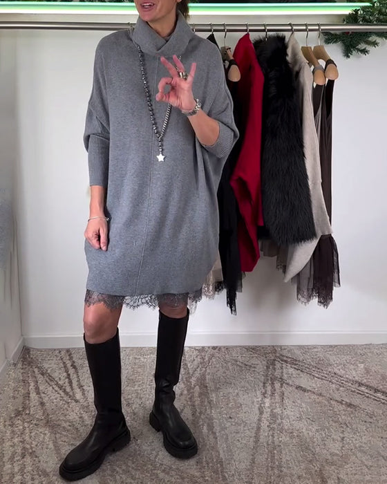 Robe Costume en Dentelle Maille avec Bretelles Col Haut Manches Chauve-Souris