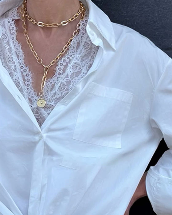 Chemise Et Dentelle Ensemble Sous-vêtement Revers Uni Manches Longues