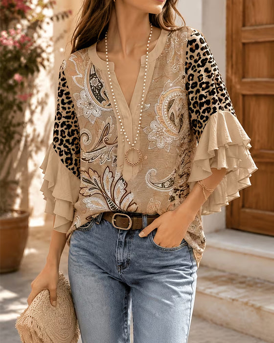 Blouse Léopard Imprimé Panneau Volant Manche