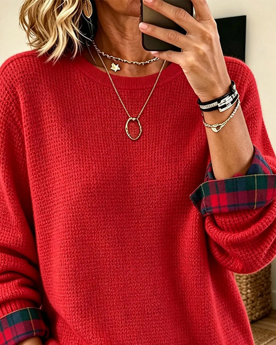 Pull Col Rond Carreau Patchwork Fausse Deux Pièces