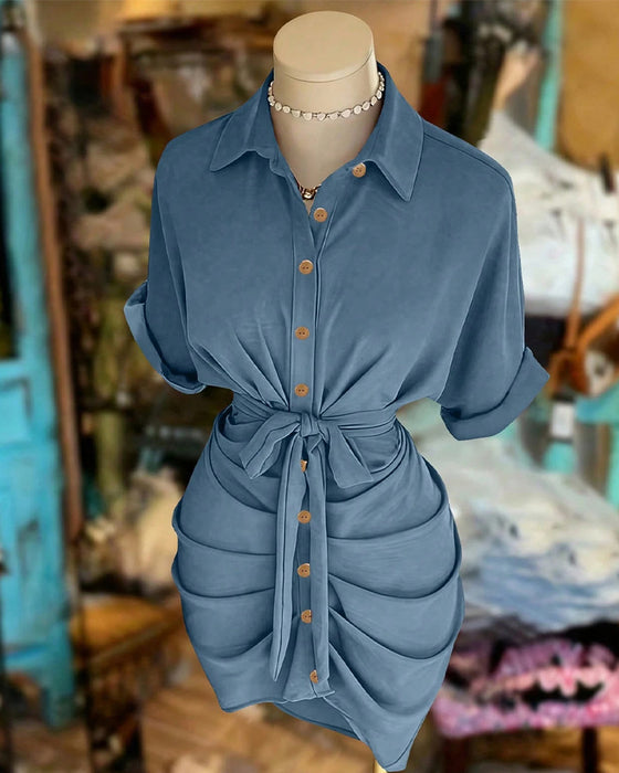 Robe Attacher Bouton Plissé Col Chemise