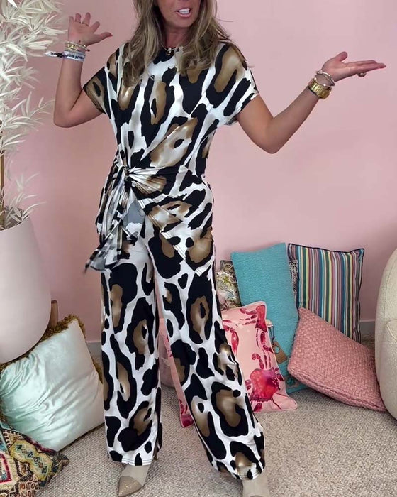 Ensemble deux pièces décontracté à lacets et imprimé léopard