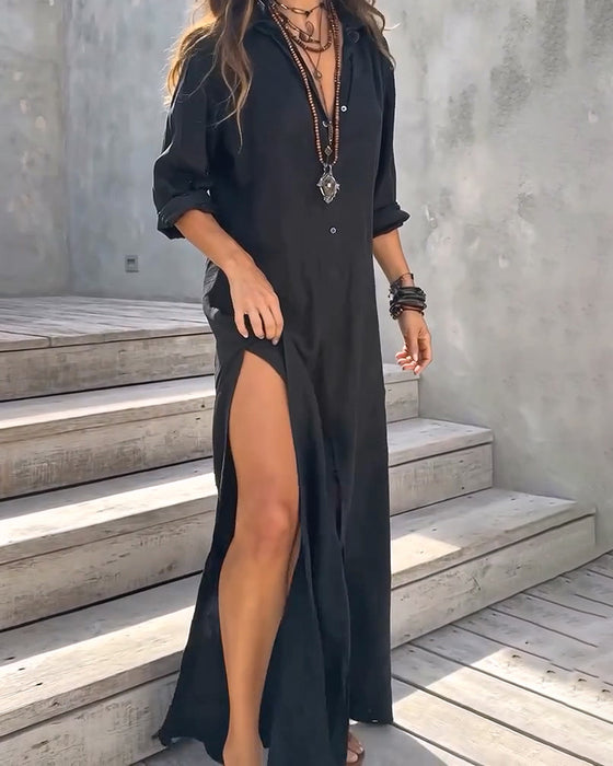 Robe Col Chemise Boutonnage Fente Latérale Unie