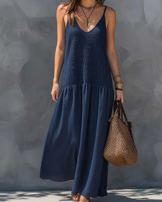 Robe Col En V Bretelles Froncée Patchwork Sans Manches