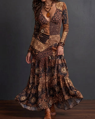 Robe Col V Imprimé Léopard Volantée Manche Longue