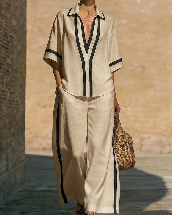 Ensemble Chemise Et Pantalon Large Coupe Ample Contraste De Couleurs