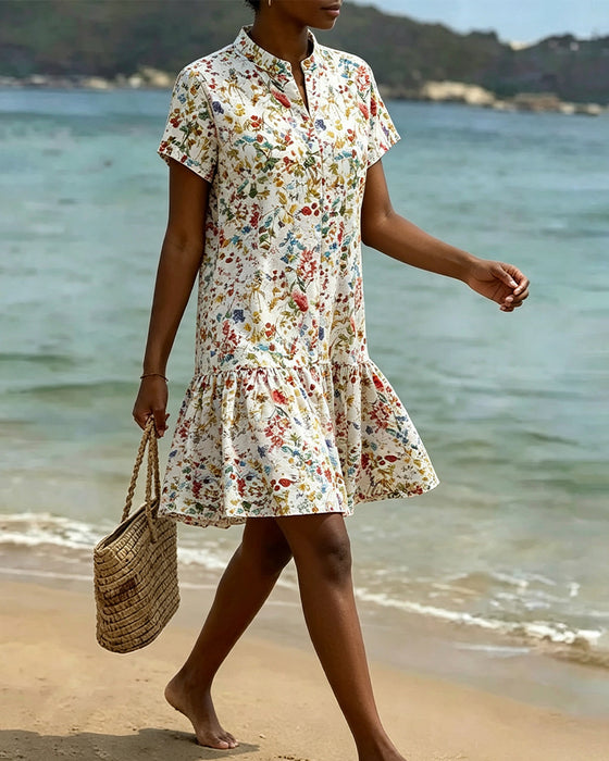 Robe Fleuri Manches Courtes Ourlet Volanté