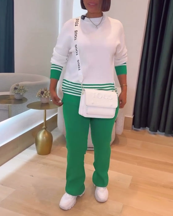 Pull Rayé Contrasté Pantalon Ensemble