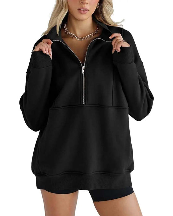 Sweatshirt Unie Col Revers Fermeture Éclair