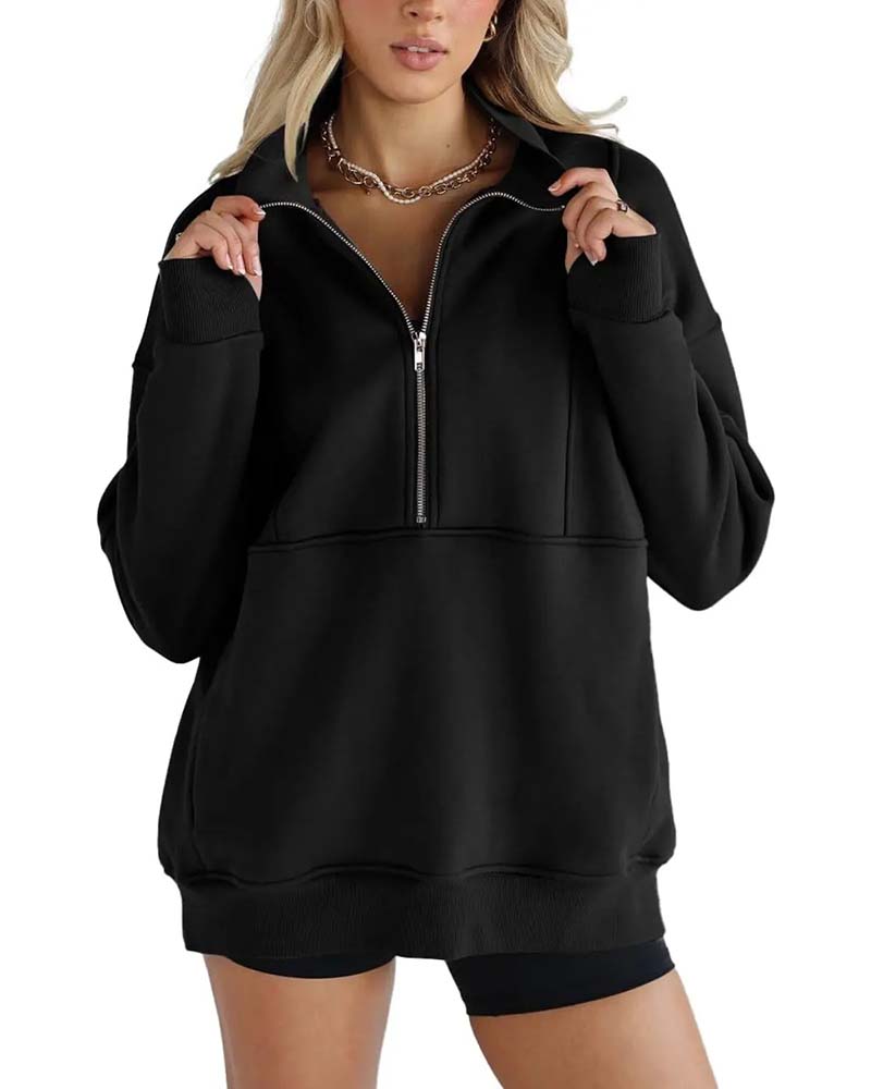 Sweatshirt Unie Col Revers Fermeture Éclair