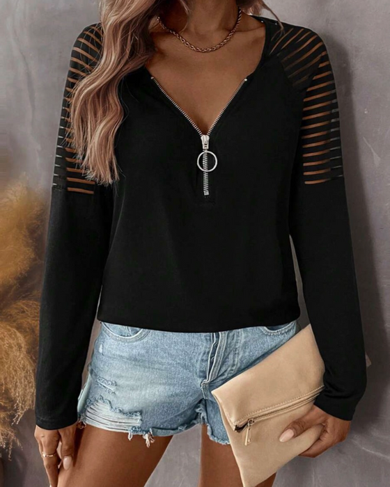 Top Avec Détail de Cordonnerie, Design À Manches Longues Et Style À Couleur Unie