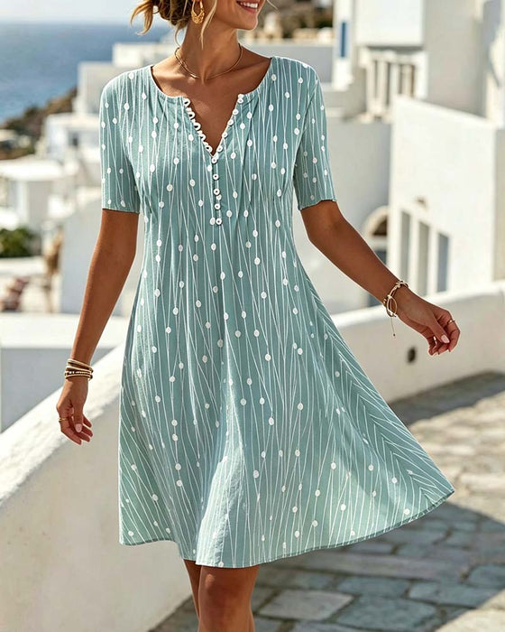 Robe Col V Bouton À Pois Rayé