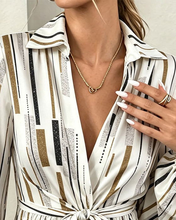 Blouse Rayure Géométrique Taille Cintrée Cordon De Serrage