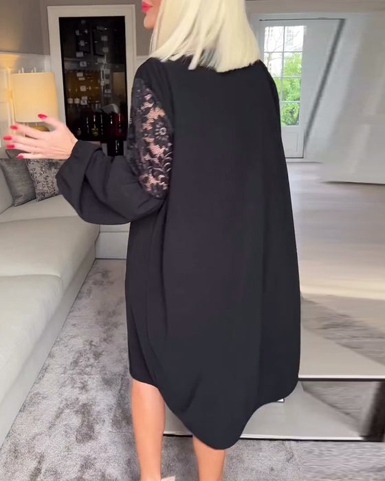 Robe élégante à col en V et manches longues en dentelle creuse