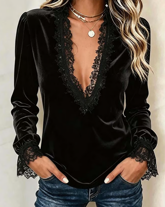 Haut Dentelle Patchwork Col En V Volant