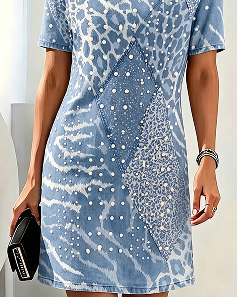 Robe Imprimé Léopard Col-Rond Manche-Courte Patchwork