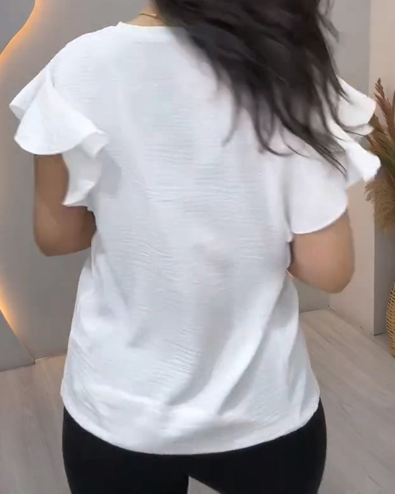 Blouse Col V Bouton Manche Volantée