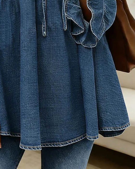 Blouse À Lien Volanté En Denim Col Rond