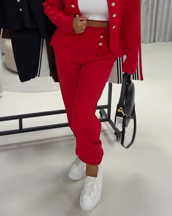 Pantalon Unie Taille Haute Décontracté Bouton