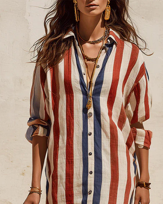 Robe Décontractée Rayée Col Chemise