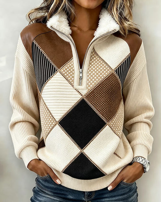 Sweatshirt Col Fermeture Éclair Rayé Motif Losange