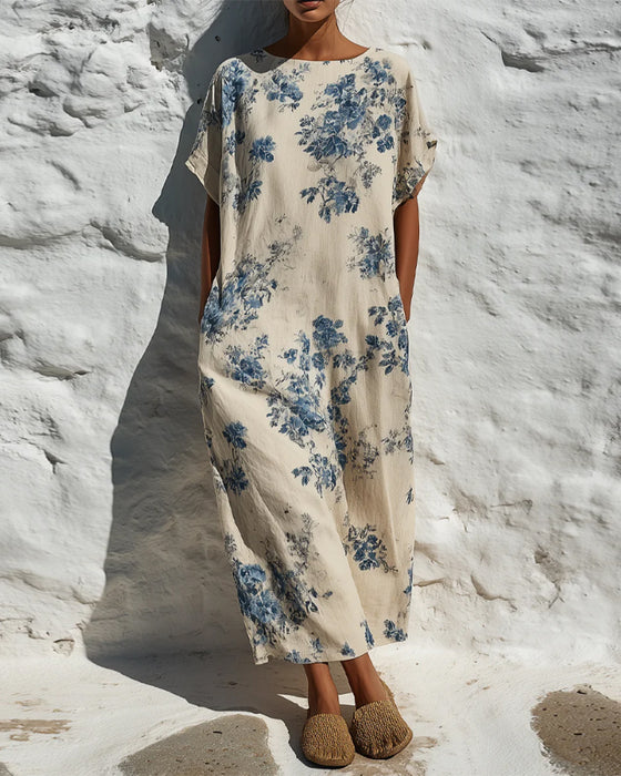 Robe Col Rond Vintage Bleu Floral