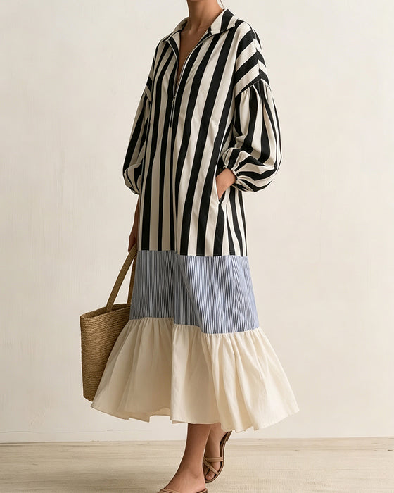 Robe Col Fermeture Éclair Rayé Bloc de Couleur Superposé
