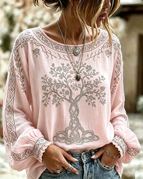Blouse Col Rond Imprimé Arbre Décontractée