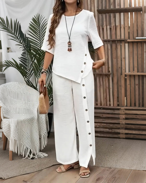 Ensemble Top Irrégulier Orné De Boutons Et Pantalon