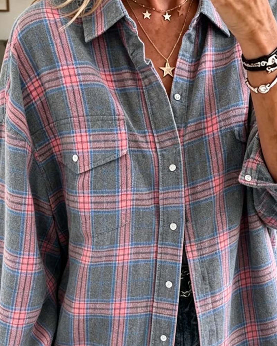 Chemise Poche À Carreaux Manches Longues Lâche