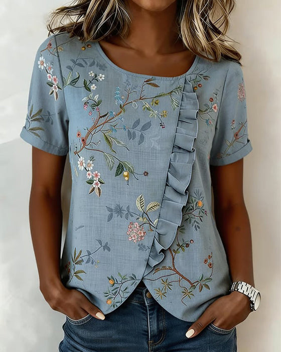 Blouse Col Rond Manches Courtes Volantée Florale
