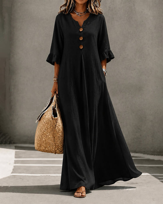 Robe Col En V Bouton Volant Jupe Ample