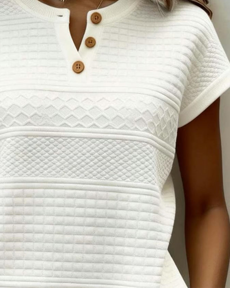 T-Shirt Manches Courtes À Col En V Boutonné Avec Motif Câblé