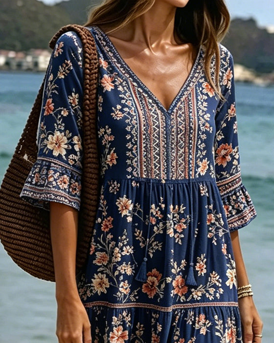 Robe Col V Ethnique Floral Patchwork