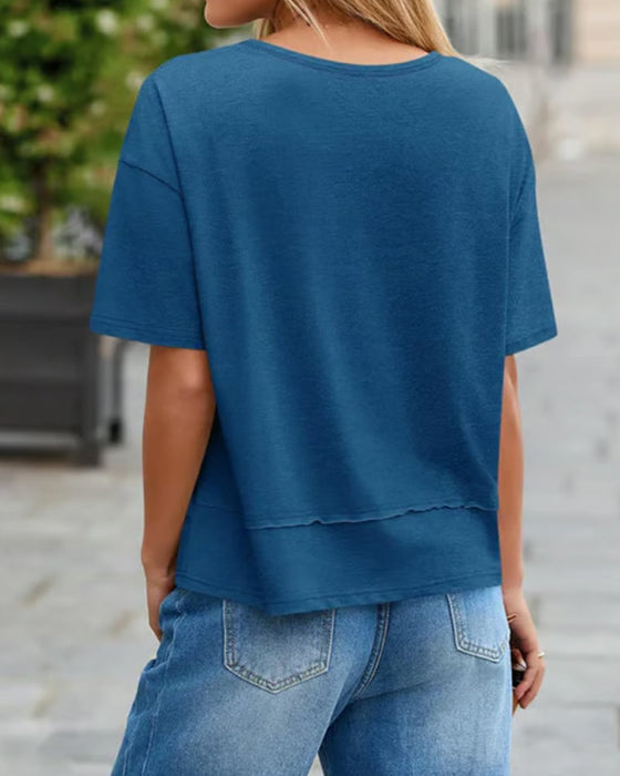 Blouse Unie Col En V Ourlet Patchwork