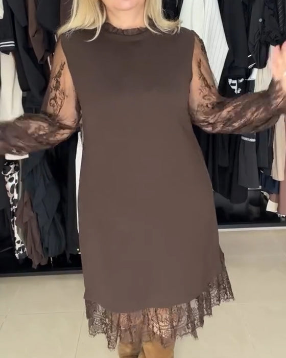 Robe Dentelle Patchwork Élégante Manches Longues