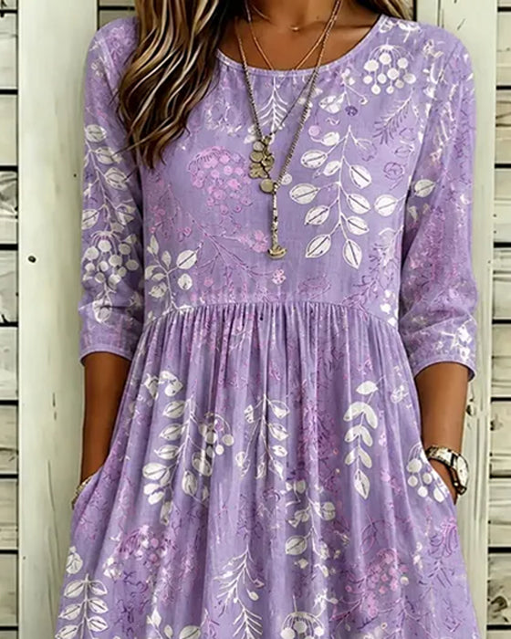 Robe Col Rond Imprimé Feuille Taille Cintrée
