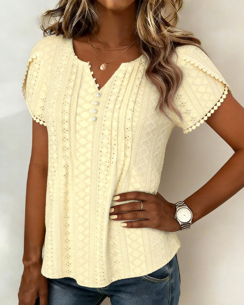Blouse À Col En V Avec Boutons En Perle Et Dentelle