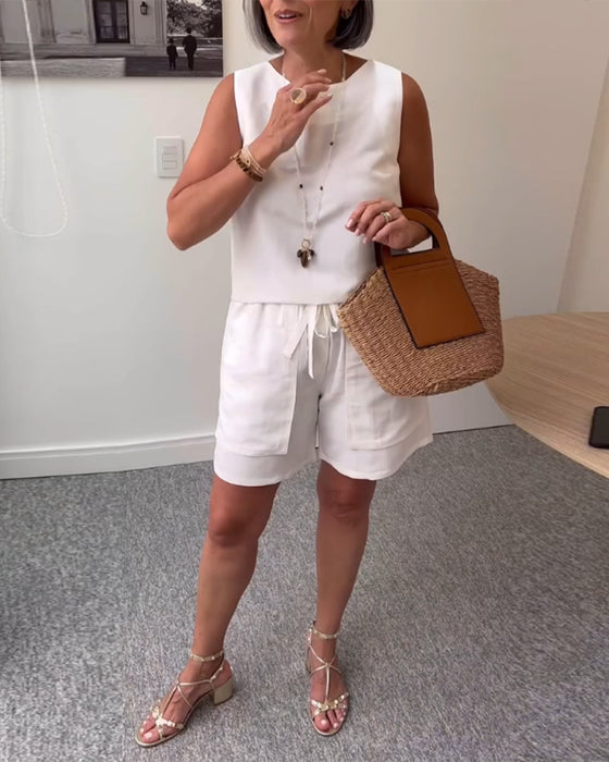 Costume Débardeur Col Rond Short Couleur Unie