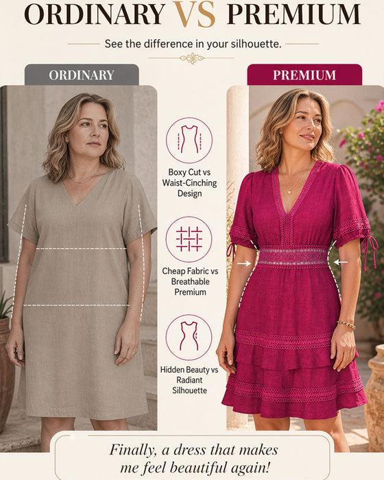 Robe Col V Superposée Unie Dentelle Patchwork