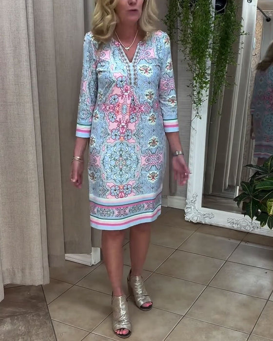 Robe À Col V Imprimée Coupe Droite