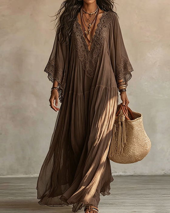 Robe Col V Dentelle Patchwork Unie
