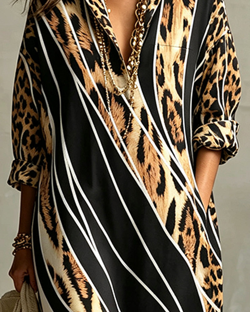 Robe Léopard Rayure Diagonale Revers