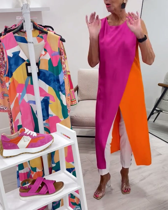 Blouse Sans Manches Couleur Contrastée Fente Longue